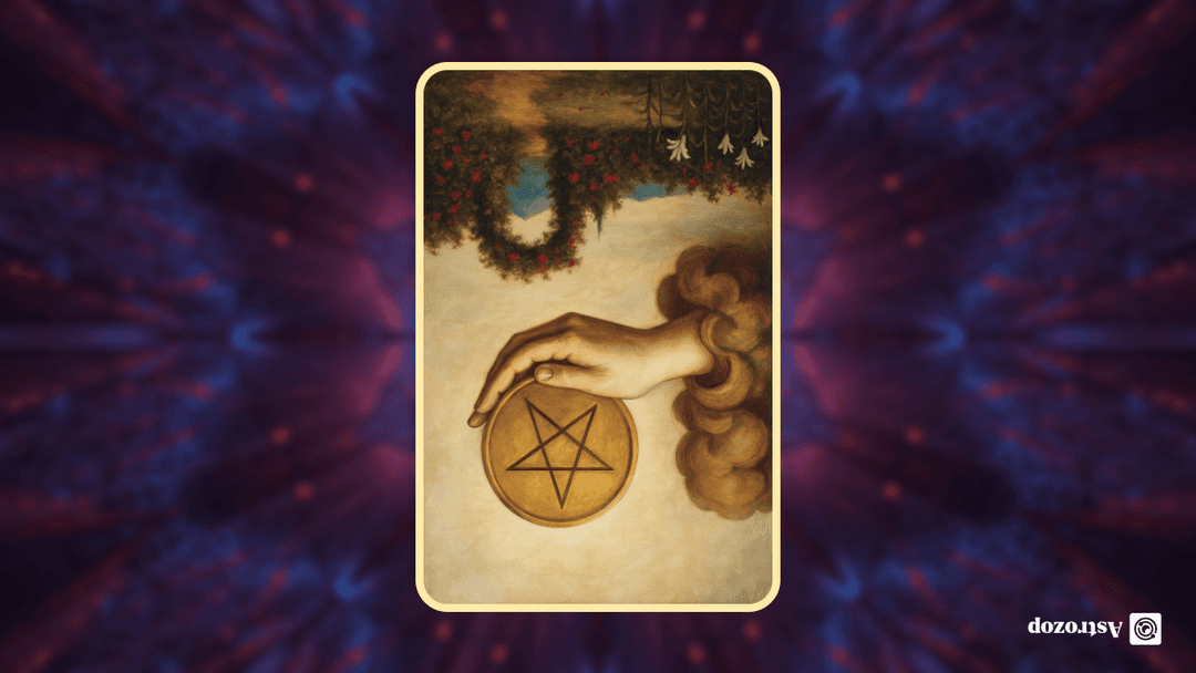 Reversed Ace of Pentacles tarot card showing an upside-down golden coin